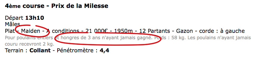 Descriptif d'une course de maidens
